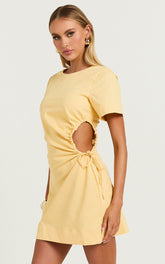 Samira Mini Dress - Ruched Cut Out Linen Dress in Lemon
